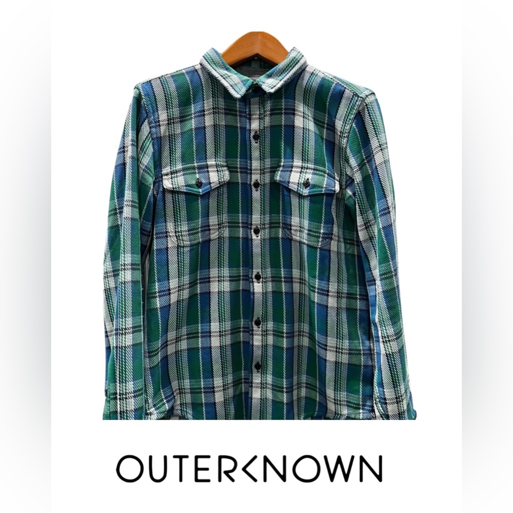 Outerknown Men's Blanket Blue & Green Plaid Shirt. Size M fits small. Cali cool.